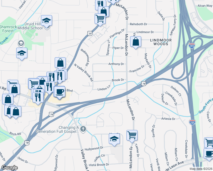 map of restaurants, bars, coffee shops, grocery stores, and more near 3058 Brook Drive in Decatur