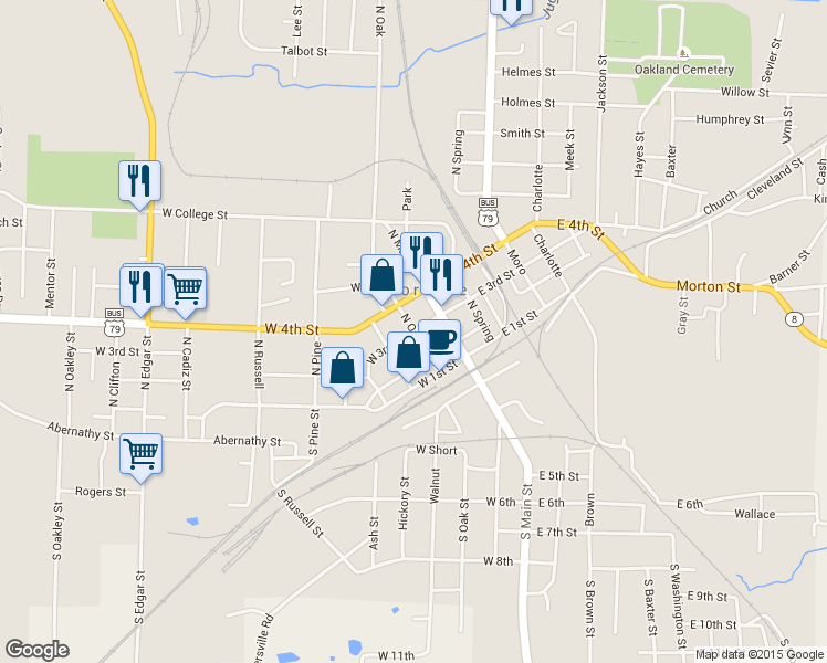 map of restaurants, bars, coffee shops, grocery stores, and more near North Oak & West 3rd Street in Fordyce