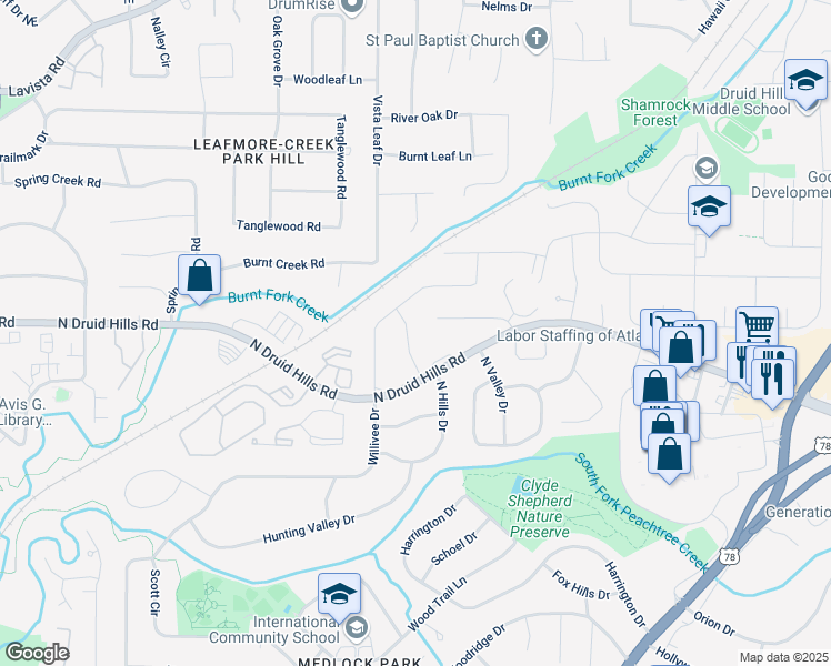 map of restaurants, bars, coffee shops, grocery stores, and more near 1145 Arbordale Drive in Decatur