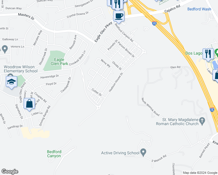 map of restaurants, bars, coffee shops, grocery stores, and more near 4173 Horvath Street in Corona