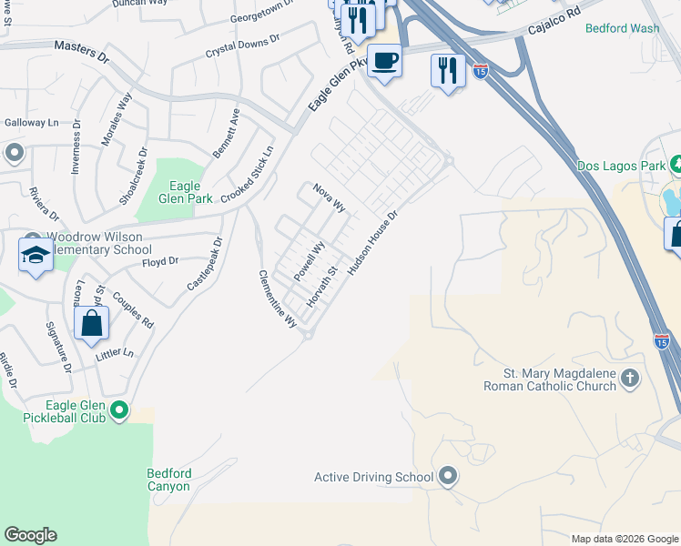 map of restaurants, bars, coffee shops, grocery stores, and more near 4125 Hudson House Drive in Corona