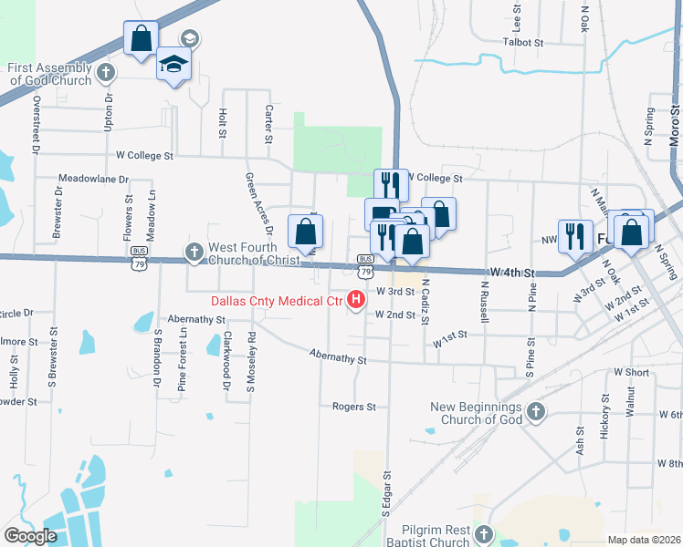 map of restaurants, bars, coffee shops, grocery stores, and more near 1202 West 4th Tobacco Store Street in Fordyce