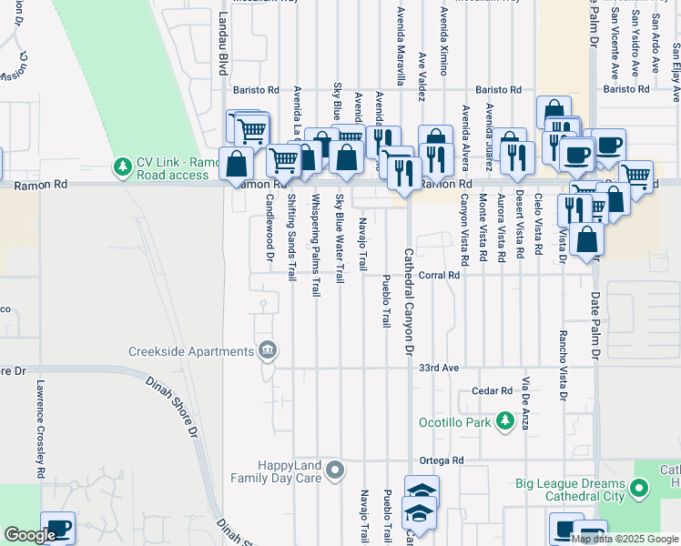 map of restaurants, bars, coffee shops, grocery stores, and more near 32422 Sky Blue Water Trail in Cathedral City