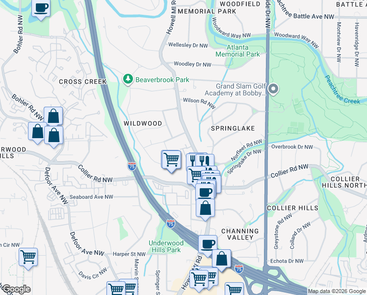 map of restaurants, bars, coffee shops, grocery stores, and more near 12 Springlake Place Northwest in Atlanta