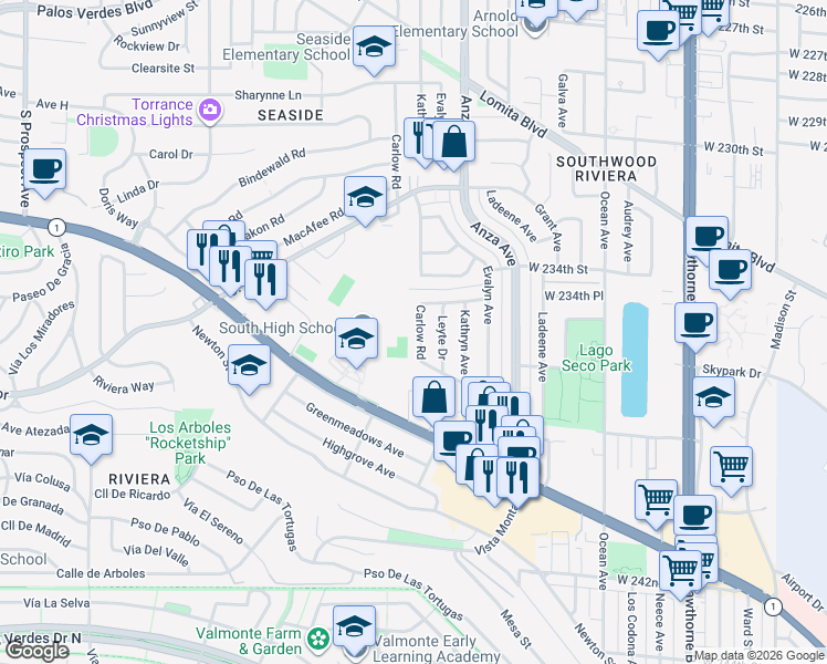 map of restaurants, bars, coffee shops, grocery stores, and more near 23511 Carlow Road in Torrance