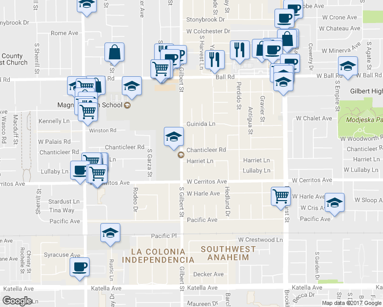 map of restaurants, bars, coffee shops, grocery stores, and more near 9542 Chanticleer Road in Anaheim