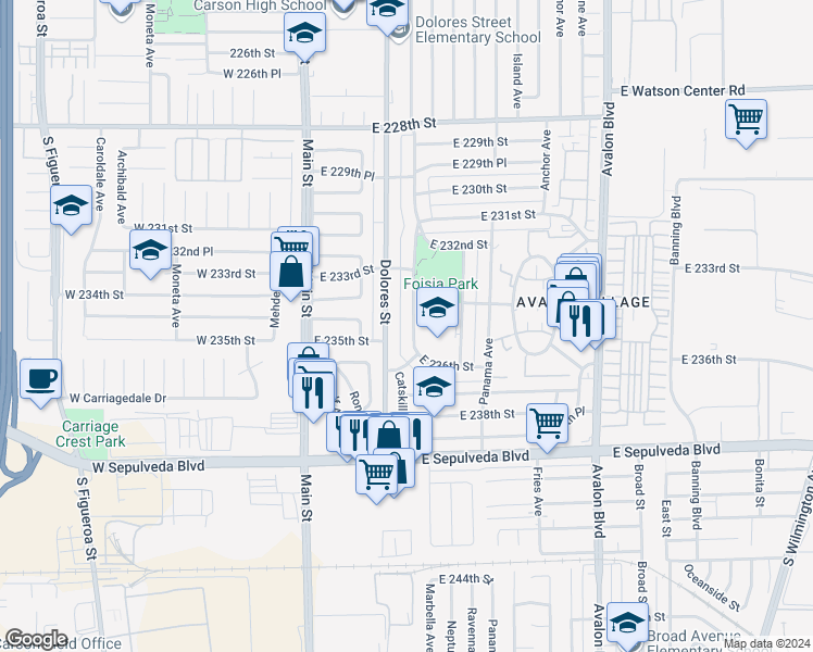 map of restaurants, bars, coffee shops, grocery stores, and more near 23501 Catskill Avenue in Carson