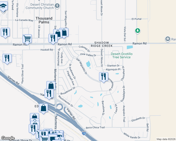 map of restaurants, bars, coffee shops, grocery stores, and more near 32490 San Miguelito Drive in Thousand Palms