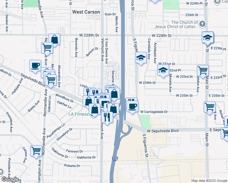 map of restaurants, bars, coffee shops, grocery stores, and more near 832 Coriander Drive in Torrance