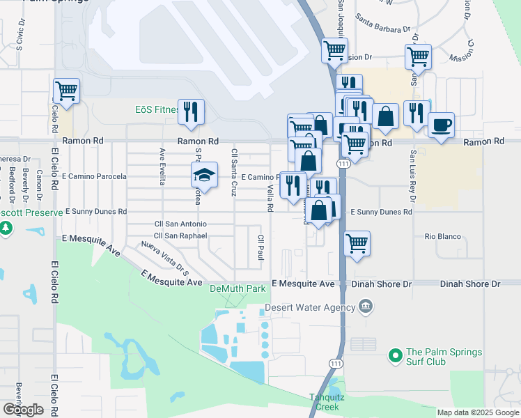 map of restaurants, bars, coffee shops, grocery stores, and more near 4492 East Camino San Miguel in Palm Springs