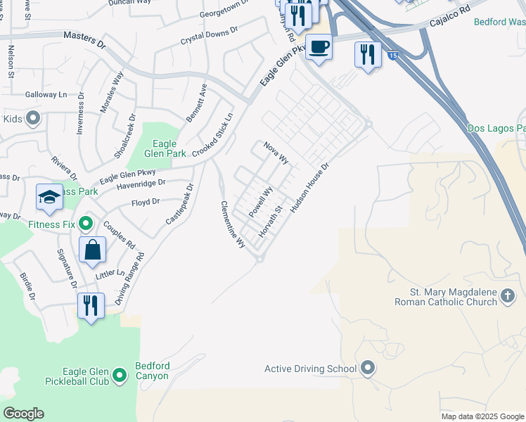 map of restaurants, bars, coffee shops, grocery stores, and more near 4171 Powell Way in Corona