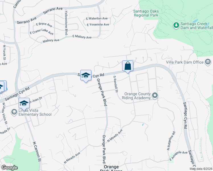 map of restaurants, bars, coffee shops, grocery stores, and more near 20101 East Frank Lane in Orange