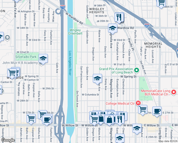 map of restaurants, bars, coffee shops, grocery stores, and more near 3075 Oregon Avenue in Long Beach