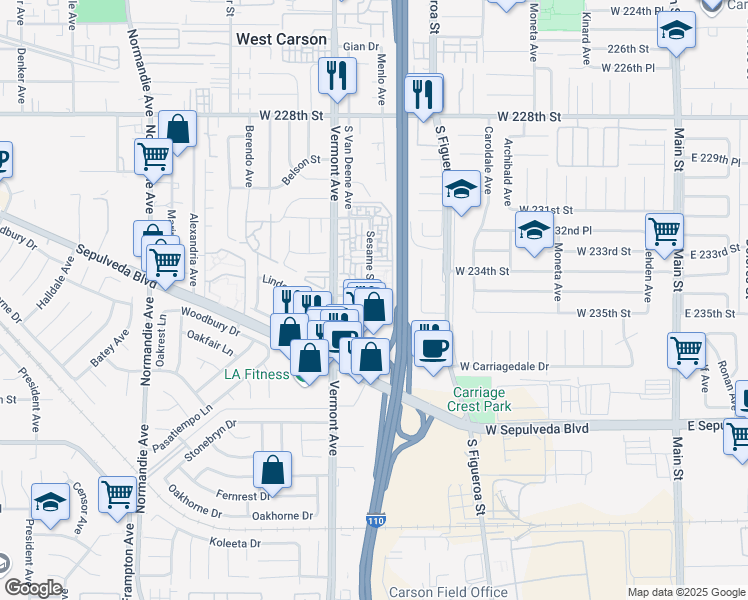 map of restaurants, bars, coffee shops, grocery stores, and more near 23314 Sesame Street in Torrance