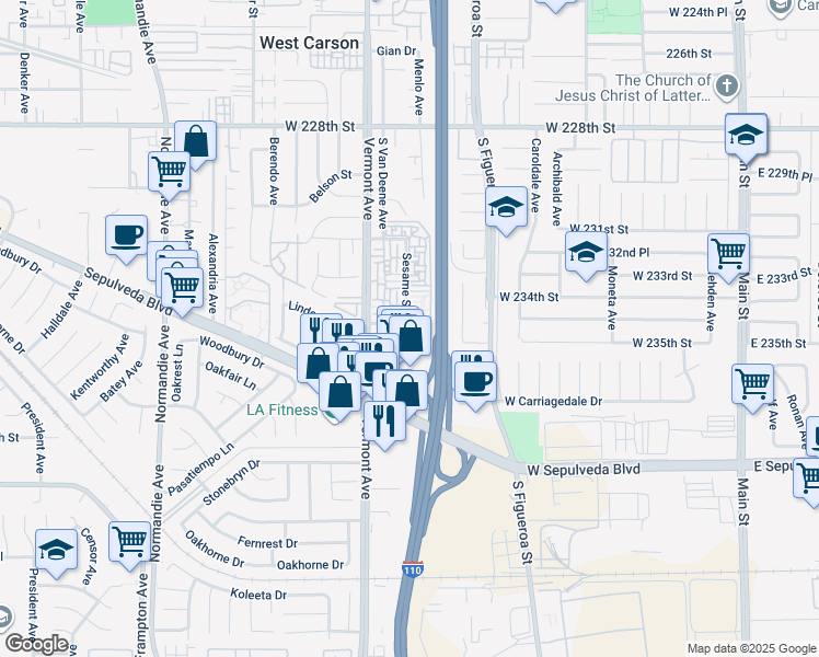 map of restaurants, bars, coffee shops, grocery stores, and more near 23314 Sesame Street in Torrance