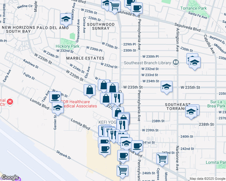 map of restaurants, bars, coffee shops, grocery stores, and more near in Torrance