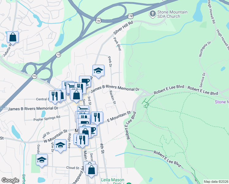 map of restaurants, bars, coffee shops, grocery stores, and more near 1151 Rankin Street in Stone Mountain
