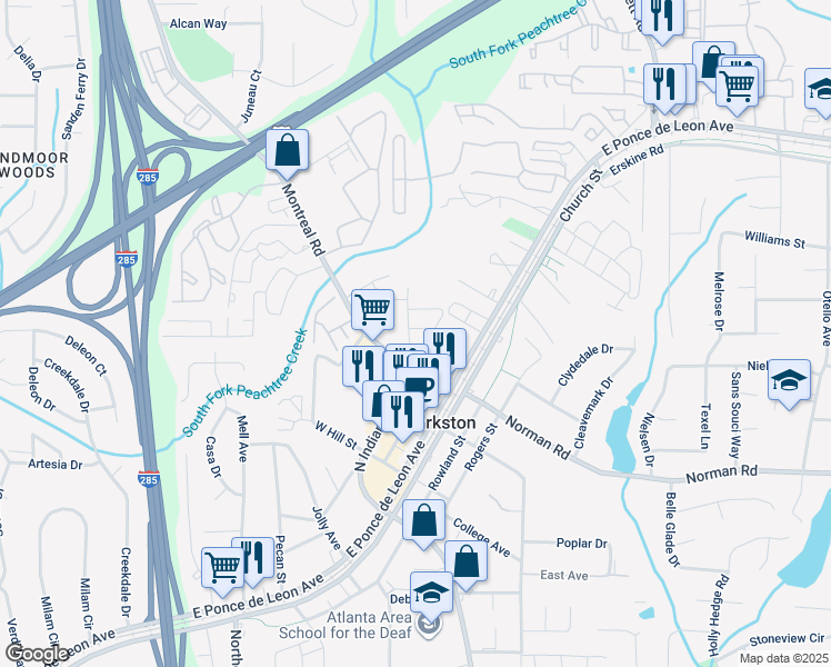 map of restaurants, bars, coffee shops, grocery stores, and more near 1174 Smith Street in Clarkston