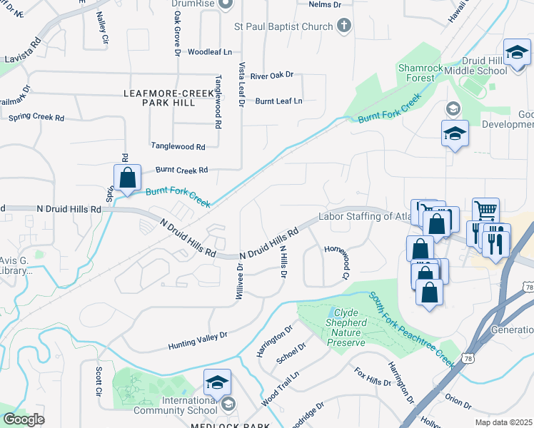 map of restaurants, bars, coffee shops, grocery stores, and more near 1145 Arbordale Drive in Decatur
