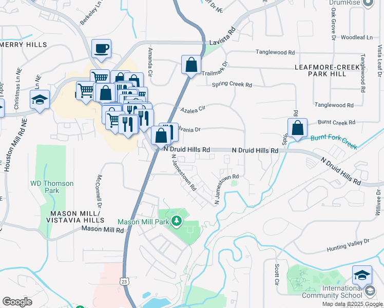 map of restaurants, bars, coffee shops, grocery stores, and more near 3130 North Druid Hills Road in Decatur