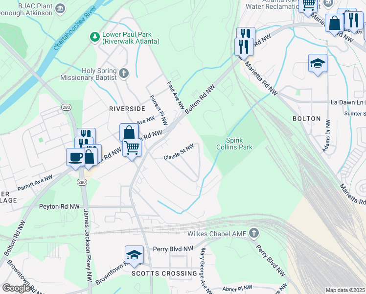 map of restaurants, bars, coffee shops, grocery stores, and more near 2121B Hollywood Road Northwest in Atlanta