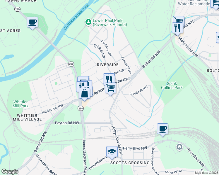 map of restaurants, bars, coffee shops, grocery stores, and more near 2088 Bolton Road Northwest in Atlanta