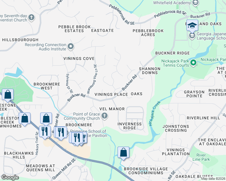 map of restaurants, bars, coffee shops, grocery stores, and more near 1168 Vinings Place Way Southeast in Mableton