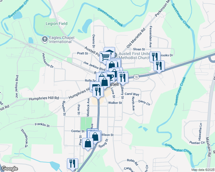map of restaurants, bars, coffee shops, grocery stores, and more near in Austell
