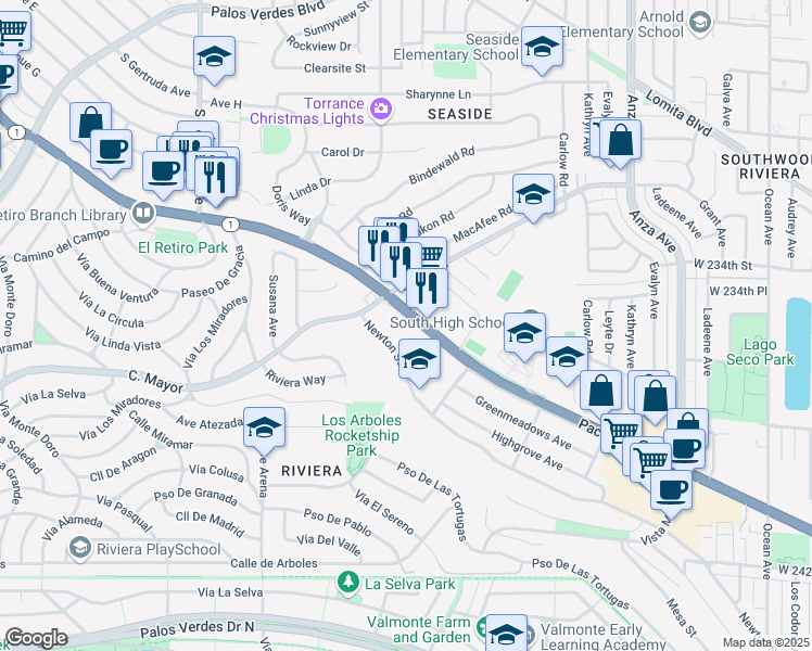 map of restaurants, bars, coffee shops, grocery stores, and more near 5044 East Pacific Coast Highway in Torrance