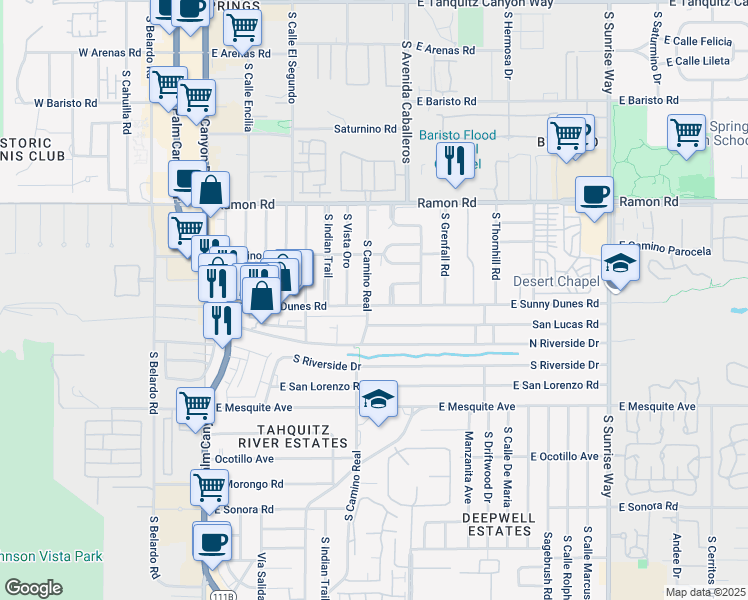 map of restaurants, bars, coffee shops, grocery stores, and more near 810 East Sunny Dunes Road in Palm Springs