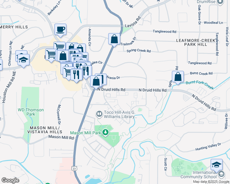 map of restaurants, bars, coffee shops, grocery stores, and more near 3130 North Druid Hills Road in Decatur