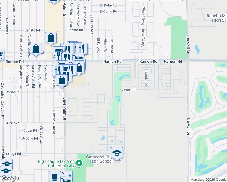 map of restaurants, bars, coffee shops, grocery stores, and more near 69411 Ramon Road in Cathedral City