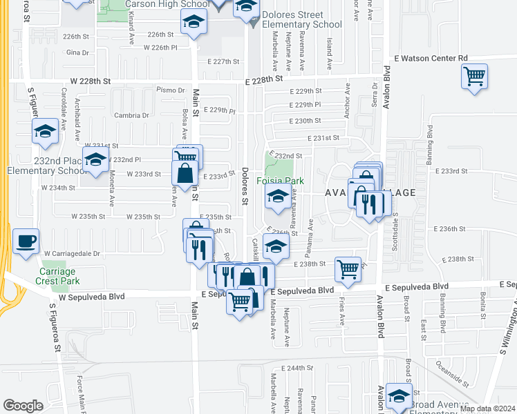 map of restaurants, bars, coffee shops, grocery stores, and more near 23501 Catskill Avenue in Carson