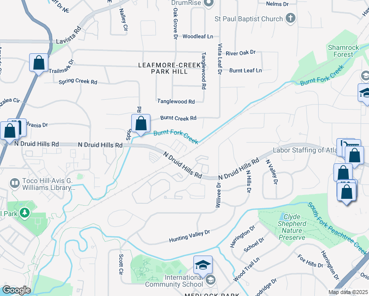 map of restaurants, bars, coffee shops, grocery stores, and more near 2353 Medlock Lane in Decatur