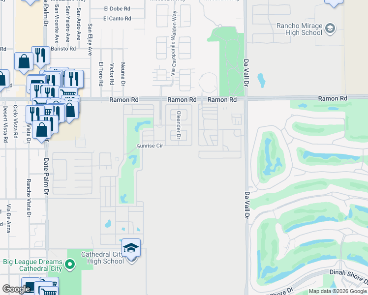 map of restaurants, bars, coffee shops, grocery stores, and more near 69411 Ramon Road in Cathedral City