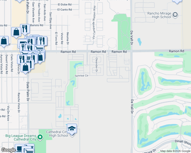 map of restaurants, bars, coffee shops, grocery stores, and more near 69411 Ramon Road in Cathedral City