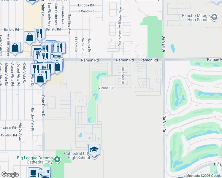 map of restaurants, bars, coffee shops, grocery stores, and more near Tennis Court Drive in Cathedral City