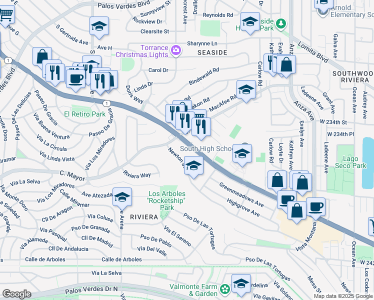 map of restaurants, bars, coffee shops, grocery stores, and more near 5044 East Pacific Coast Highway in Torrance