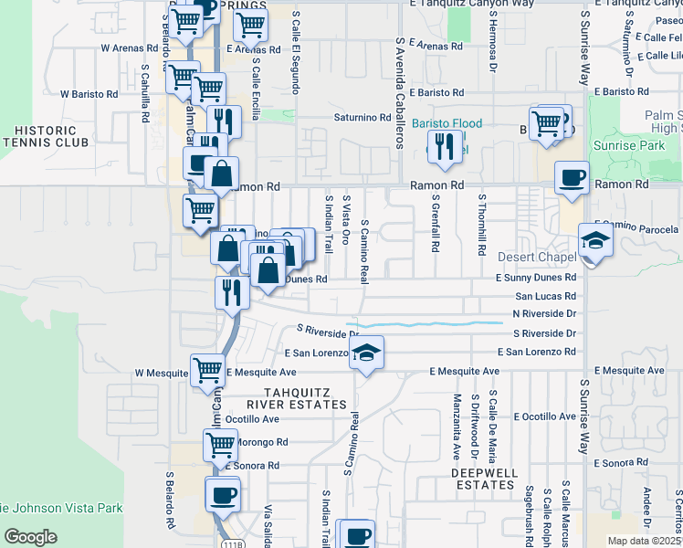 map of restaurants, bars, coffee shops, grocery stores, and more near 695 South Vista Oro in Palm Springs