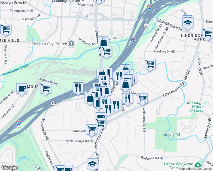 map of restaurants, bars, coffee shops, grocery stores, and more near 2115 Piedmont Road Northeast in Atlanta