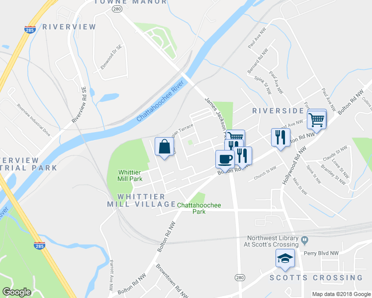 map of restaurants, bars, coffee shops, grocery stores, and more near 2091 Garrison Way Northwest in Atlanta