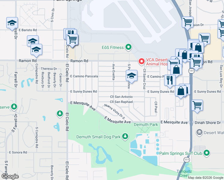 map of restaurants, bars, coffee shops, grocery stores, and more near 3882 East Sunny Dunes Road in Palm Springs