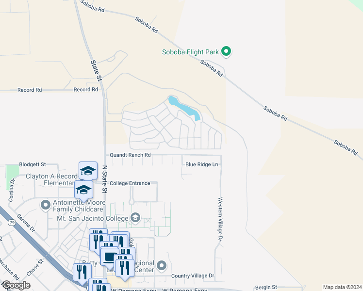 map of restaurants, bars, coffee shops, grocery stores, and more near 21100 State Street in San Jacinto