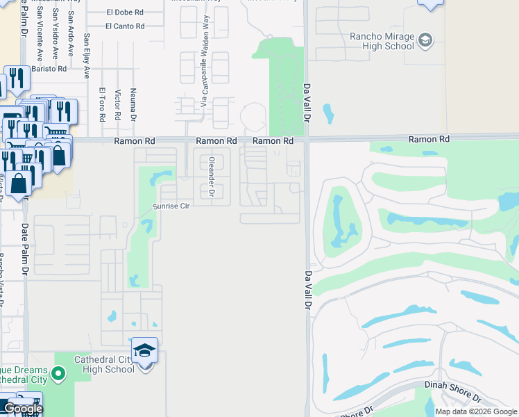 map of restaurants, bars, coffee shops, grocery stores, and more near 69801 Ramon Road in Cathedral City