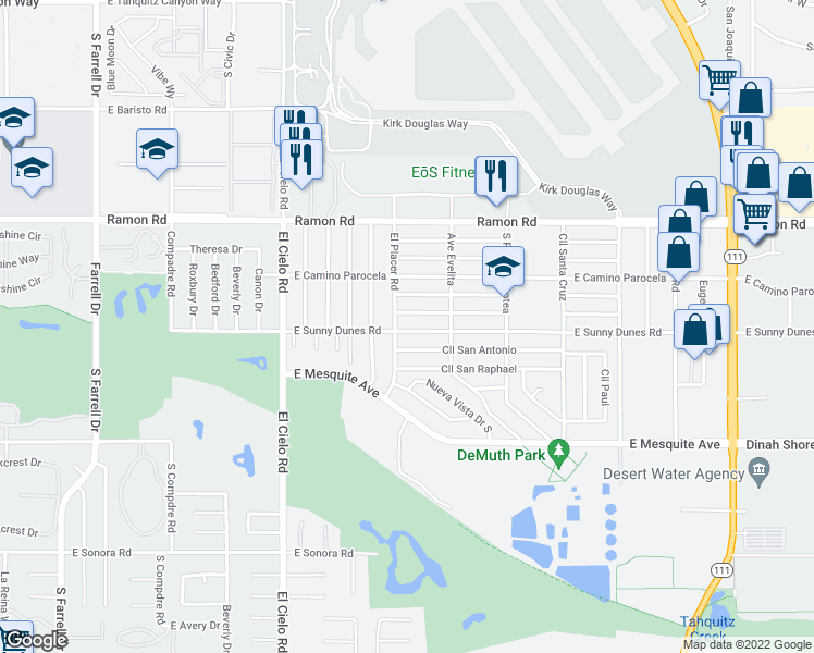 map of restaurants, bars, coffee shops, grocery stores, and more near 3732 Sunny Dunes Road in Palm Springs