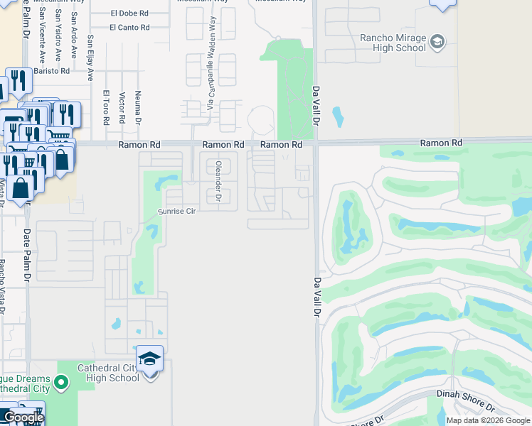 map of restaurants, bars, coffee shops, grocery stores, and more near 69801 Ramon Road in Cathedral City
