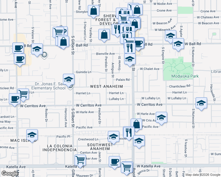 map of restaurants, bars, coffee shops, grocery stores, and more near 9841 Chanticleer Road in Anaheim
