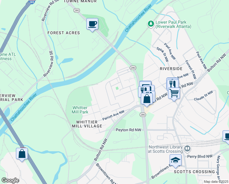 map of restaurants, bars, coffee shops, grocery stores, and more near 2091 Garrison Way Northwest in Atlanta