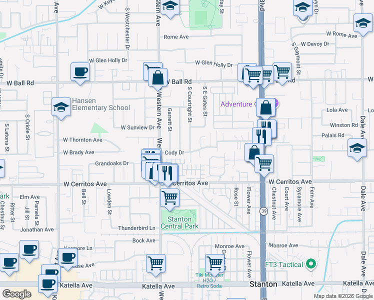map of restaurants, bars, coffee shops, grocery stores, and more near 10321 Courtright Road in Stanton