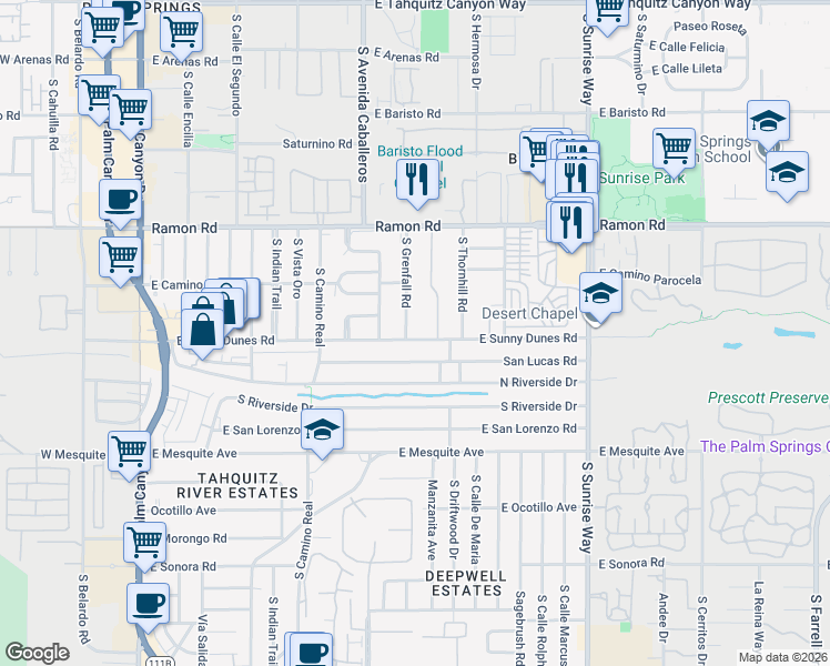 map of restaurants, bars, coffee shops, grocery stores, and more near 650 South Grenfall Road in Palm Springs